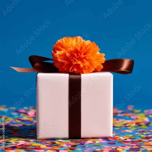 Gift Box With Orange Flower on Top Placed on Colorful Confetti Background