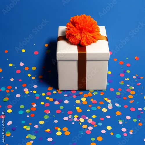 Gift Box With Orange Flower on Top Placed on Colorful Confetti Background