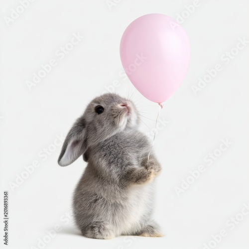 Rabbit Holds Pink Balloon in a Bright Setting With Soft Colors and Simple Bac...