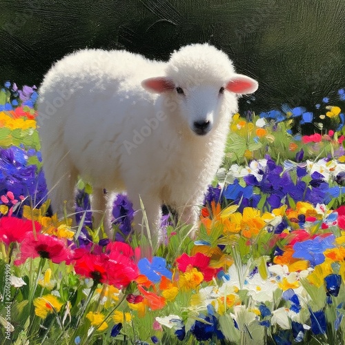 White Lamb Standing Among Colorful Flowers in a Sunny Field During Spring