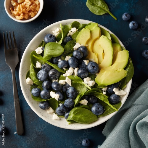 Fresh Spinach Salad With Blueberries and Avocado in a Simple Bowl on a Dark T...