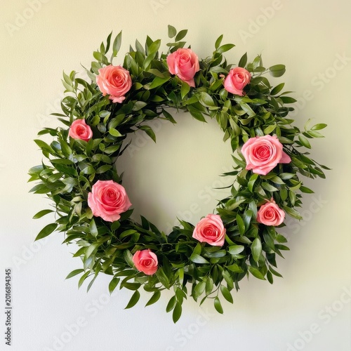 Wreath Made of Green Leaves and Pink Roses on a Plain Background in a Bright ...