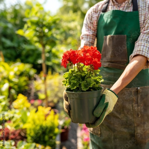 Gardener Holds Potted Red Flowers in Hands During Sunny Daytime Outside in th...