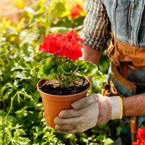 Gardener Holds Potted Red Flowers in Hands During Sunny Daytime Outside in th...