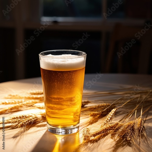 Enjoying a Cold Beer Beside Wheat on a Wooden Table During Afternoon Light