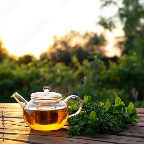 Glass Teapot With Herbal Tea on a Wooden Table at Sunset in a Garden