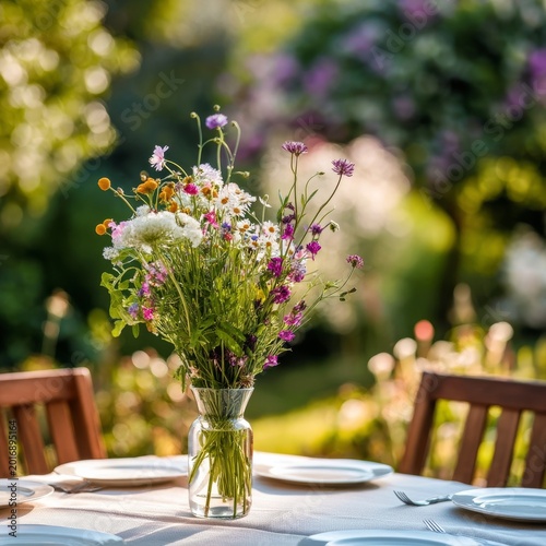 Dining Table Set With Flowers in the Garden During a Warm Afternoon