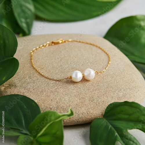 Pearl Bracelet on Stone With Green Leaves in a Natural Setting During Daytime