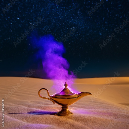 Golden Lamp With Purple Smoke in Desert Landscape Under Night Sky