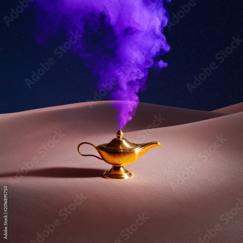 Magic Lamp Releasing Purple Smoke in Desert at Night Under Stars
