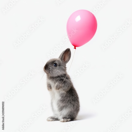 Rabbit Holds a Pink Balloon in a Simple Setting During a Playful Moment