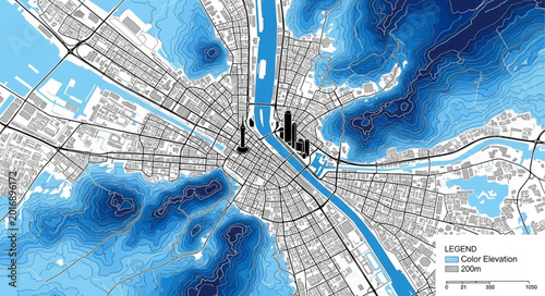 Εκτύπωση καμβά Topographic map showing potential flood zones in a city.