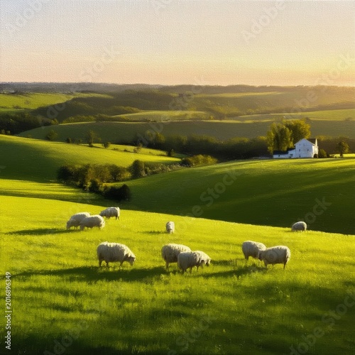 Sheep Graze on Green Hills During Sunset Near a Small Farmhouse in a Rural La...