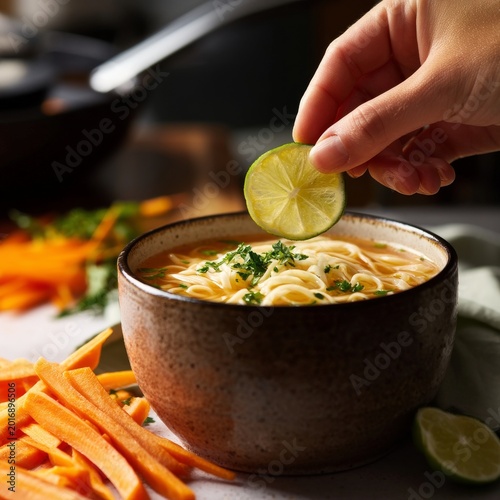 Hand Adding Lime to Noodle Soup With Vegetables on Table