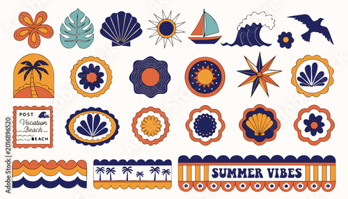 Summer vacation icons and stickers collection featuring beach elements in retro color style.