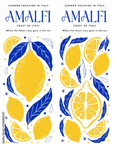 Summer vacation in italy amalfi coast lemon tree fruits and leaves poster design.