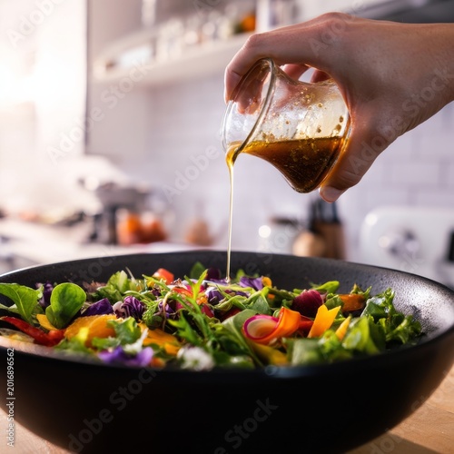 Fresh Vegetables Tossed in a Salad Bowl With Dressing in a Home Kitchen Durin...