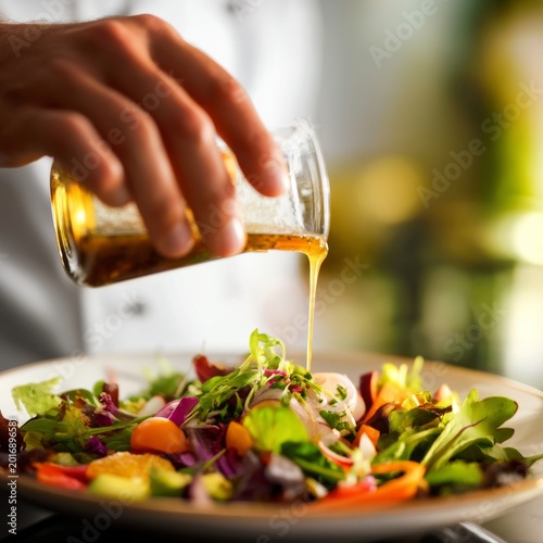 Fresh Vegetables Tossed in a Salad Bowl With Dressing in a Home Kitchen Durin...