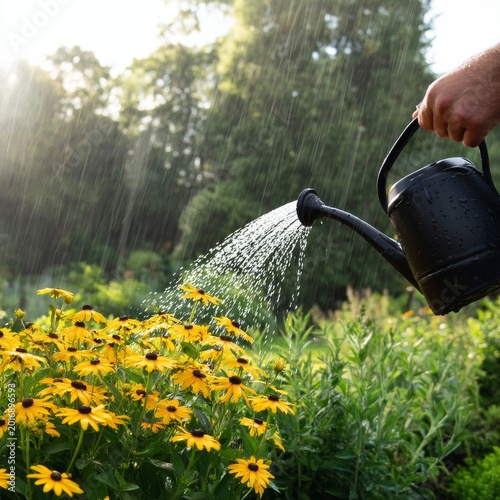 Gardener Waters Flowers in the Garden During a Sunny and Warm Afternoon