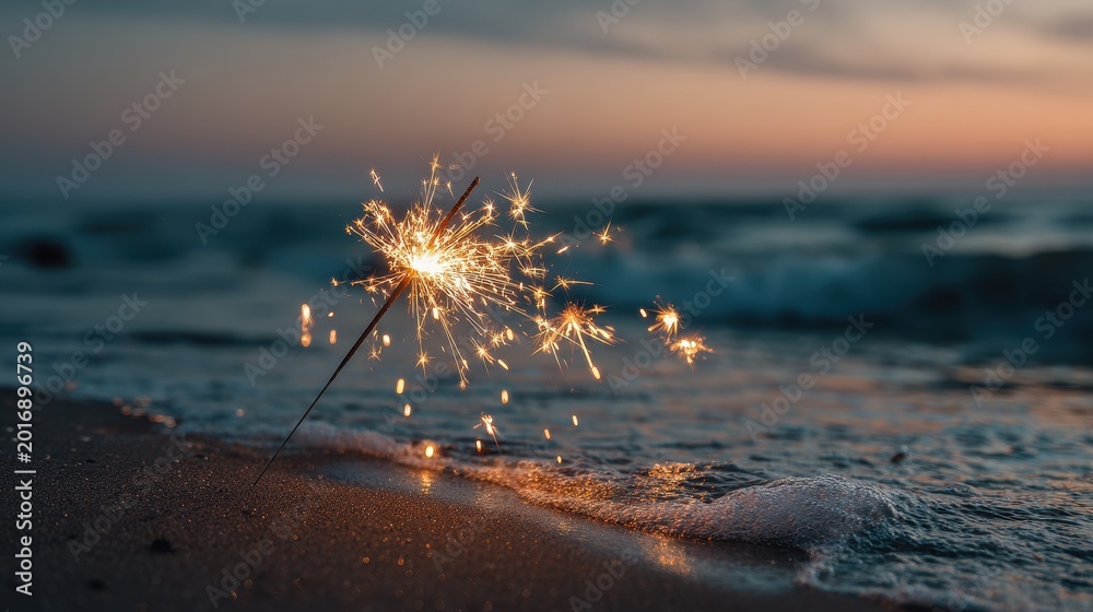 Fototapeta premium Sparkler burning on a sandy beach at twilight