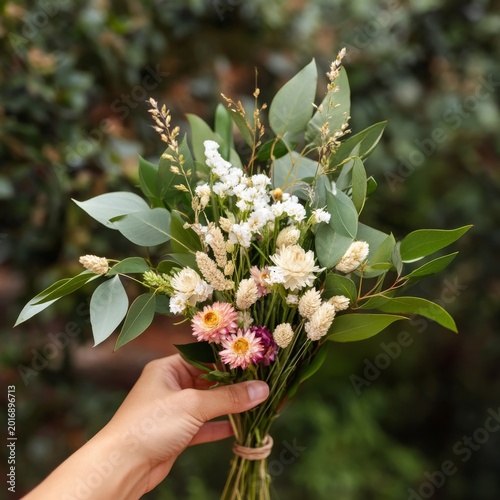 Holding a Bouquet of Flowers With Greenery in a Sunny Outdoor Setting During ...