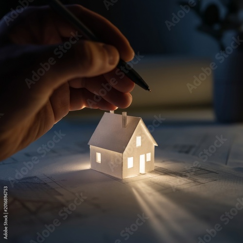 Light Shines From a Small House Model While a Hand Holds a Pen in a Dim Room ...