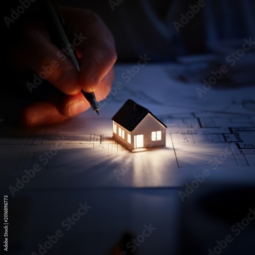 Model House Construction on Blueprint With Light and Pen in Dark Room