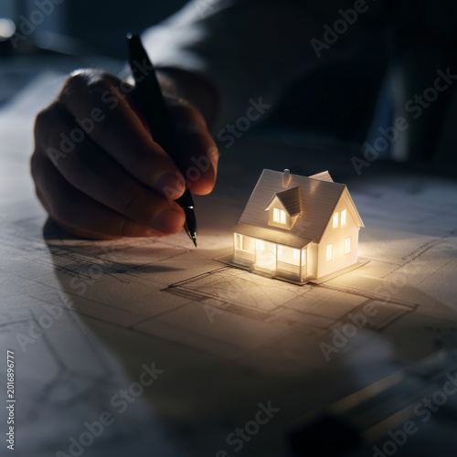 Light Shines From a Small House Model While a Hand Holds a Pen in a Dim Room ...