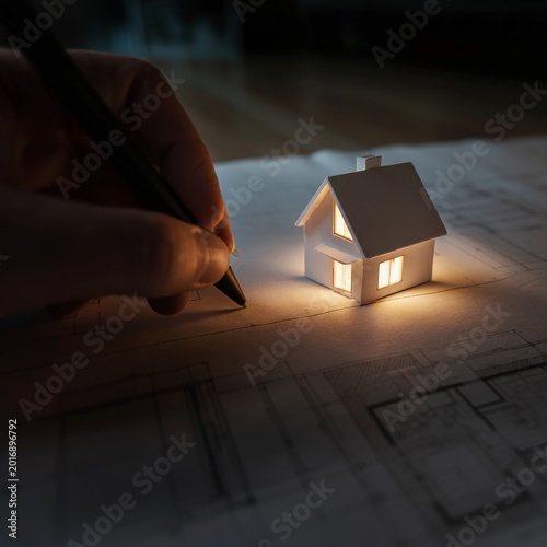 Model House Construction on Blueprint With Light and Pen in Dark Room