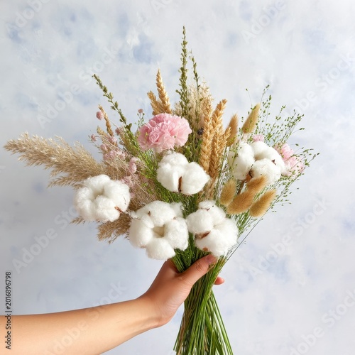 Hand Holding a Bouquet of Cotton Flowers and Dried Plants in a Light Setting