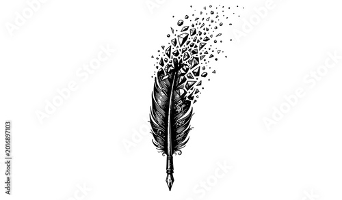 Fotografía Vintage engraving quill feather pen dissolving into geometric particles vector i