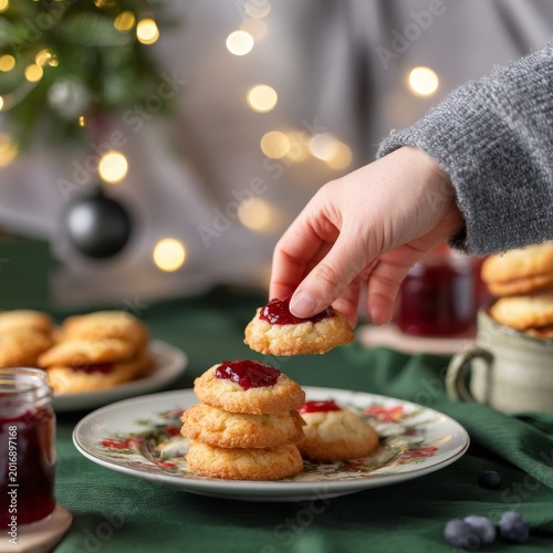 Hand Reaches for a Cookie Stacked on a Plate With Jam in a Cozy Setting Durin...
