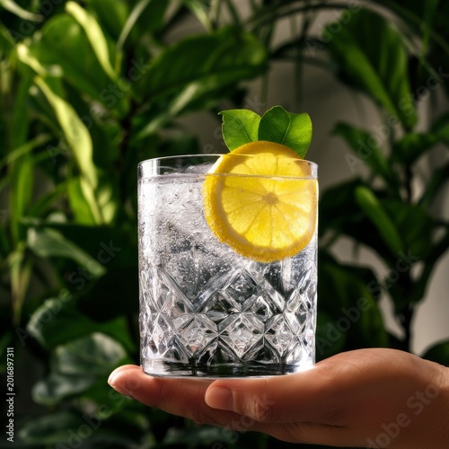 Fresh Drink With Lemon and Leaves in Hand Near Green Plants in Cafe Setting
