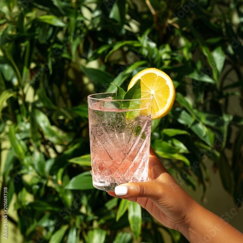 Fresh Drink With Lemon and Leaves in Hand Near Green Plants in Cafe Setting
