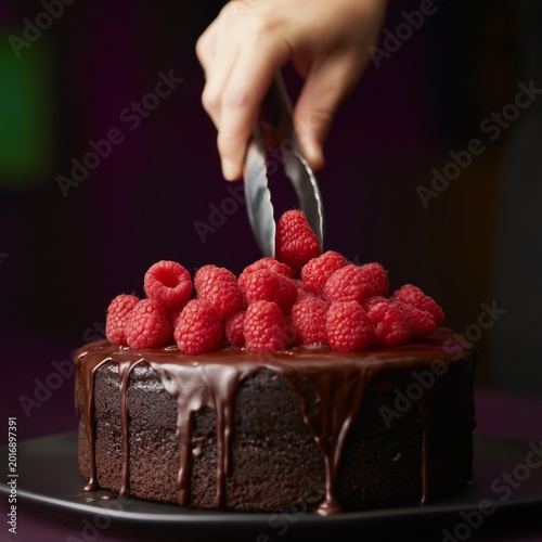 Creating a Chocolate Cake With Fresh Raspberries on Top During a Kitchen Session