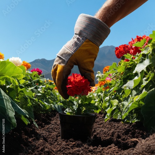 Gardener Planting a Red Flower in a Sunny Garden Surrounded by Colorful Bloom...