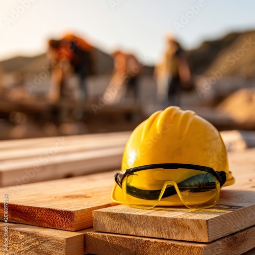 Workers Prepare Site With Safety Gear on Wooden Planks During Sunset Near Con...