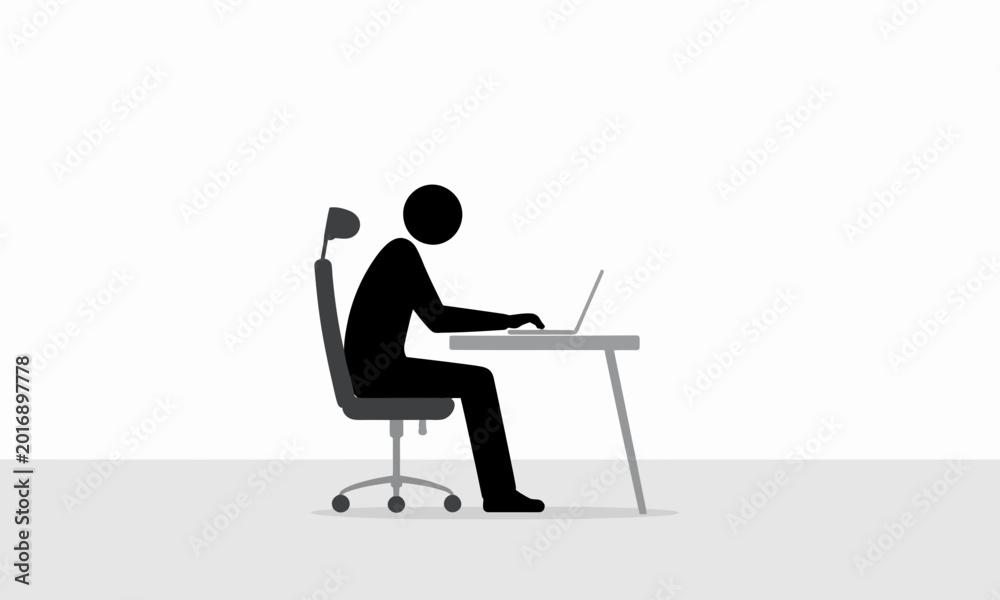 Fototapeta premium Stick Figure Working on Laptop at Desk Vector Illustration