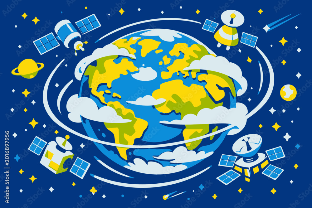 Fototapeta premium Stylized Vector Illustration of Earth and Satellites in Space