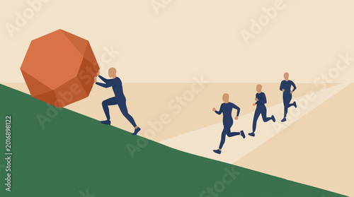 Cuadro en lienzo Man pushing boulder uphill, others running easily, different paths
