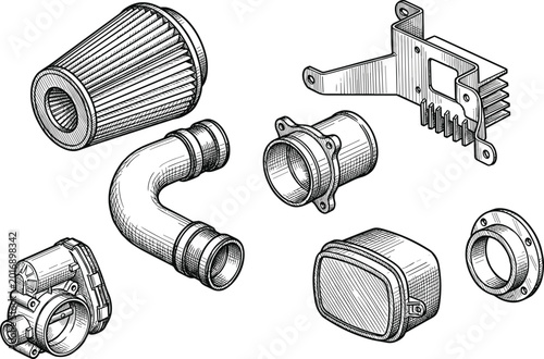 Photography Automotive Spare Parts and Engine Components Illustration Set with Air Filter, I