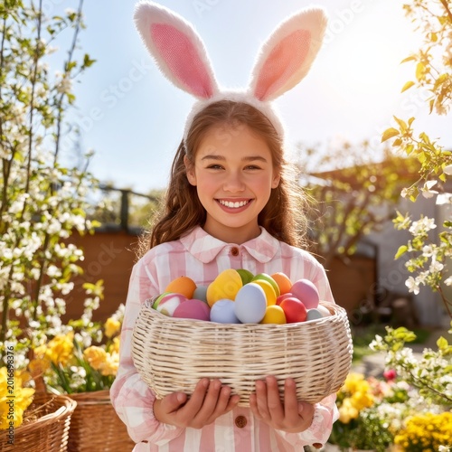 Girl With Bunny Ears Holds Basket of Colorful Eggs in a Garden During Spring ...