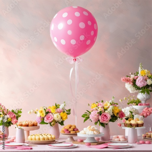 Celebration Setup With a Pink Balloon, Flowers, and Treats in a Bright Room