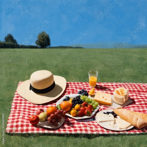 Picnic on the Grass With Food and Drink Under a Blue Sky