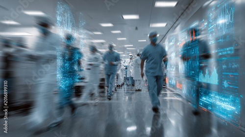Blurred scene of healthcare professionals in scrubs navigating a high-tech hospital environment.