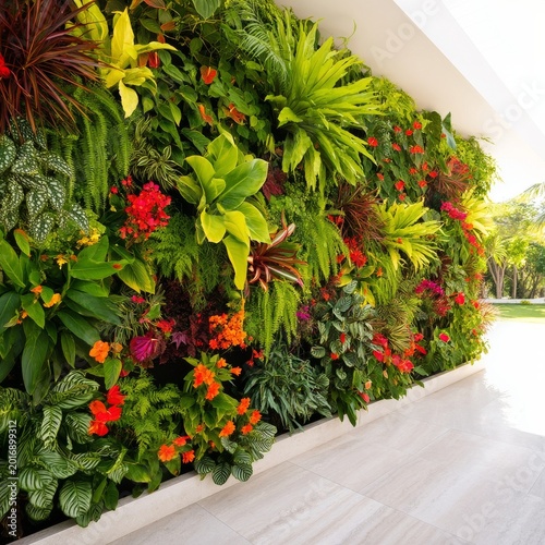 Colorful Vertical Garden With Various Plants and Flowers in a Modern Space