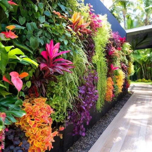 Colorful Vertical Garden With Various Plants and Flowers in a Modern Space