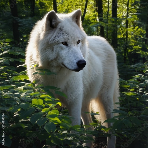 White Wolf Standing in Dense Green Forest During Daylight Near Leaves and Trees