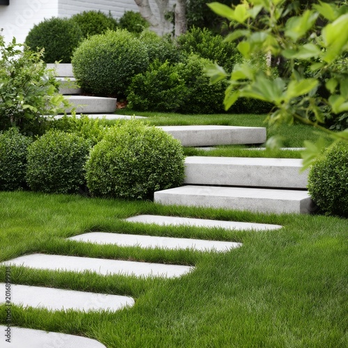 Steps Lead Through Green Grass and Bushes in a Sunny Garden Setting With Clea...