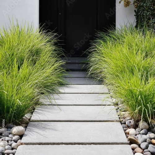 Pathway Surrounded by Grass Leads to a Black Door in a Modern Setting With St...